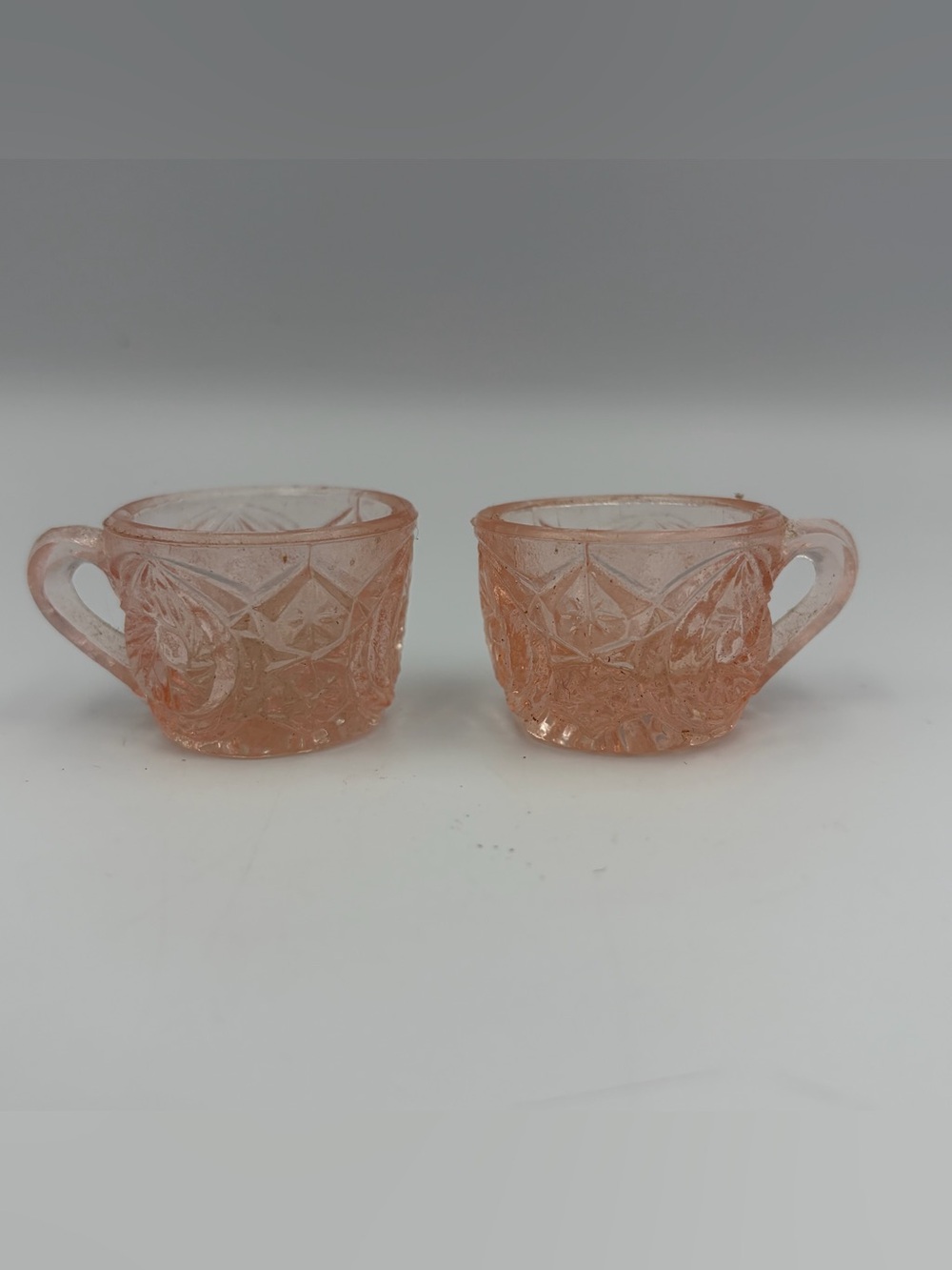 Set Of 2 Miniature Pink Depression Glass Childs Doll Small Glass Cups